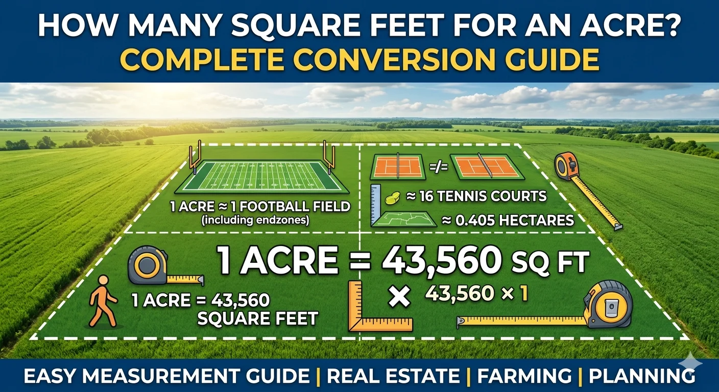 Infographic is showing that How Many Square Feet for an Acre? Complete Conversion Guide
