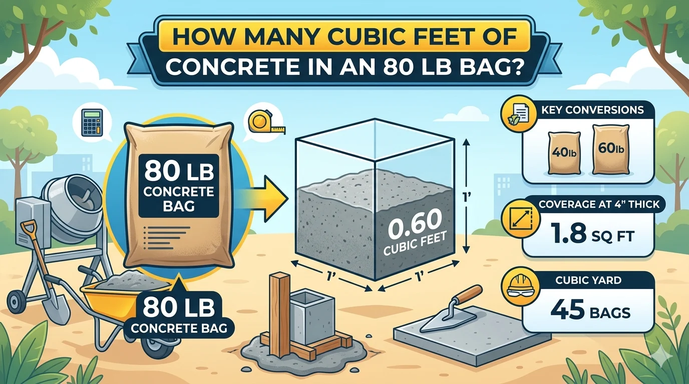 Infographic is showing that How Many Cubic Feet of Concrete in an 80 lb Bag?