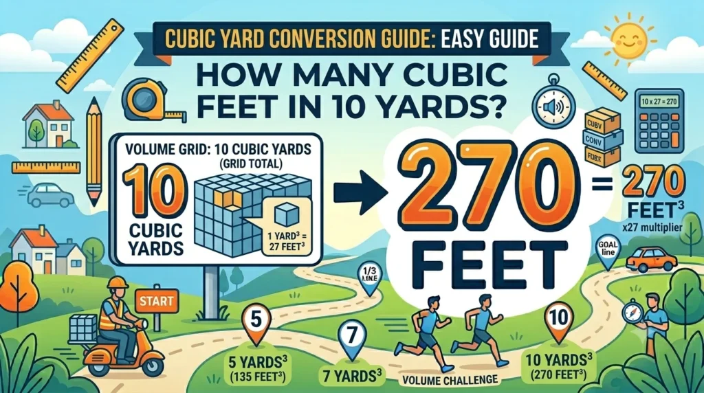 Infographic is showing that How Many Cubic Feet in 10 Yards? Easy Conversion Guide