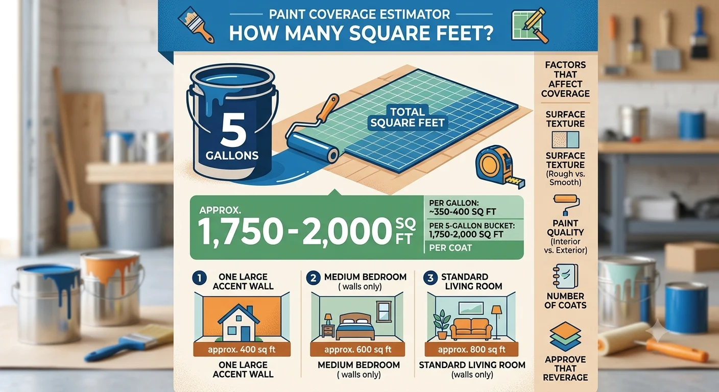 Infographic is showing that How Many Square Feet Can You Paint With 5 Gallons?