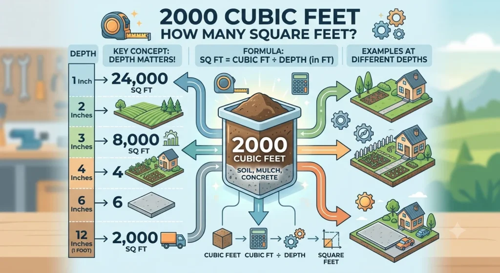 Infographic is showing that 2000 Cubic Feet How Many Square Feet? Easy Conversion Guide