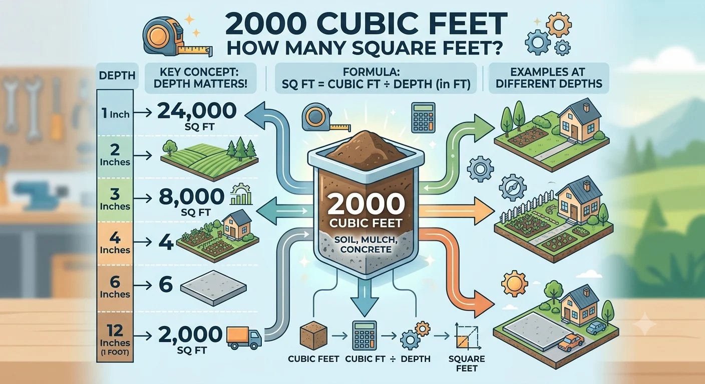 Infographic is showing that 2000 Cubic Feet How Many Square Feet? Easy Conversion Guide