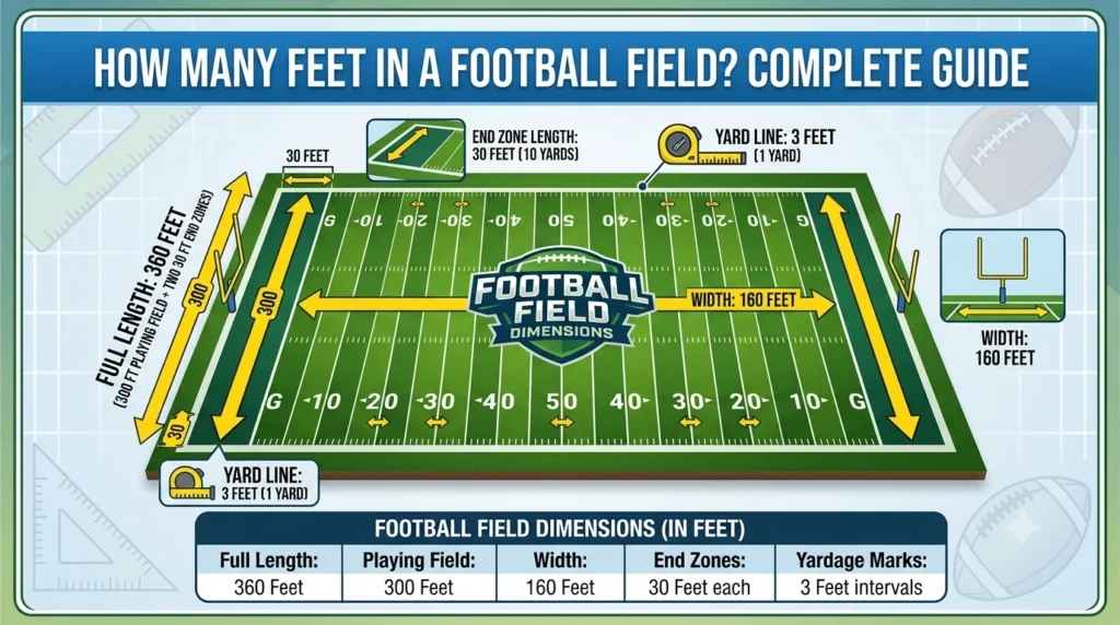 Infographic is showing that How Many Feet in a Football Field? Complete Guide