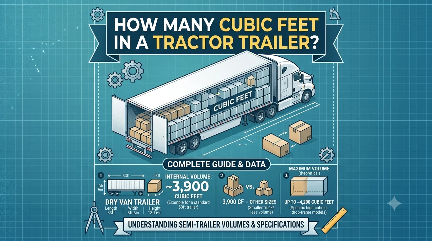 Infographic is showing that How Many Cubic Feet in a Tractor Trailer? Complete Guide