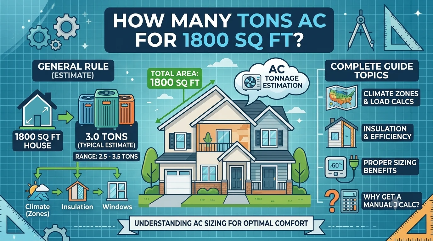 Infographic is showing that How Many Tons AC for 1800 Square Feet? Complete Guide