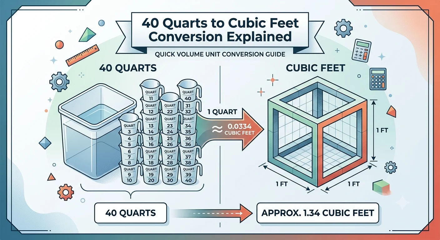 Infographic is showing that 40 Quarts to Cubic Feet Conversion Explained