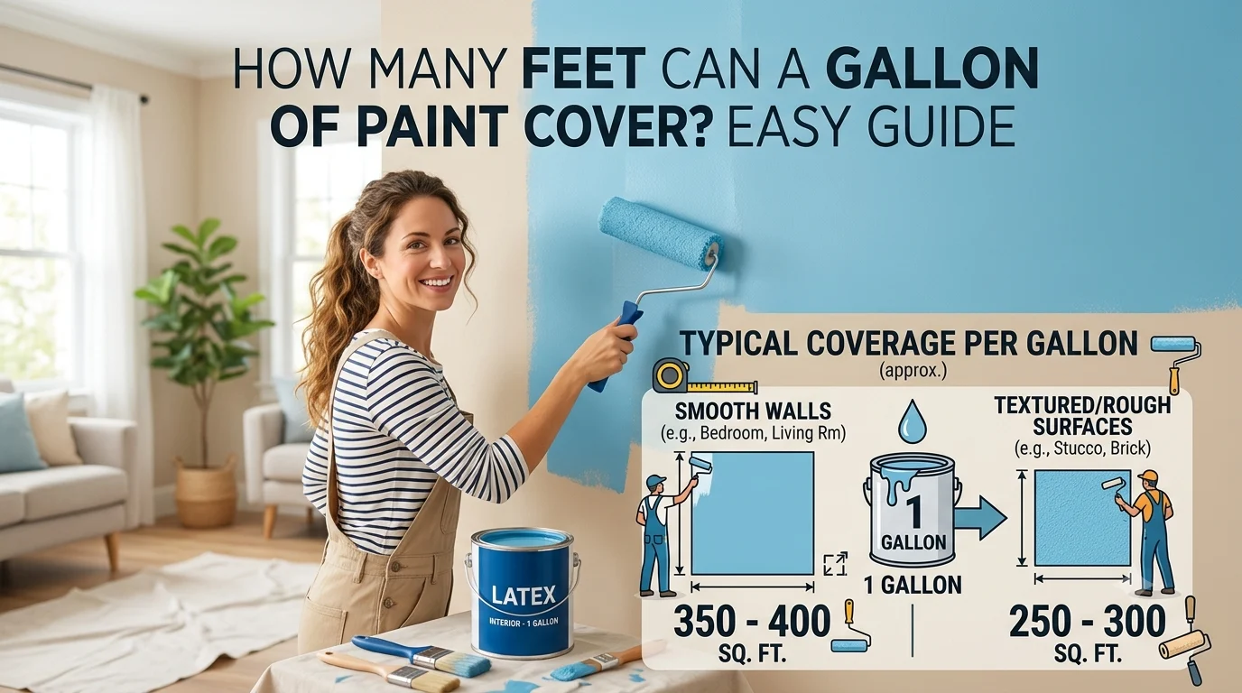 Infographic theis showing that How Many Feet Can a Gallon of Paint Cover? Easy Guide