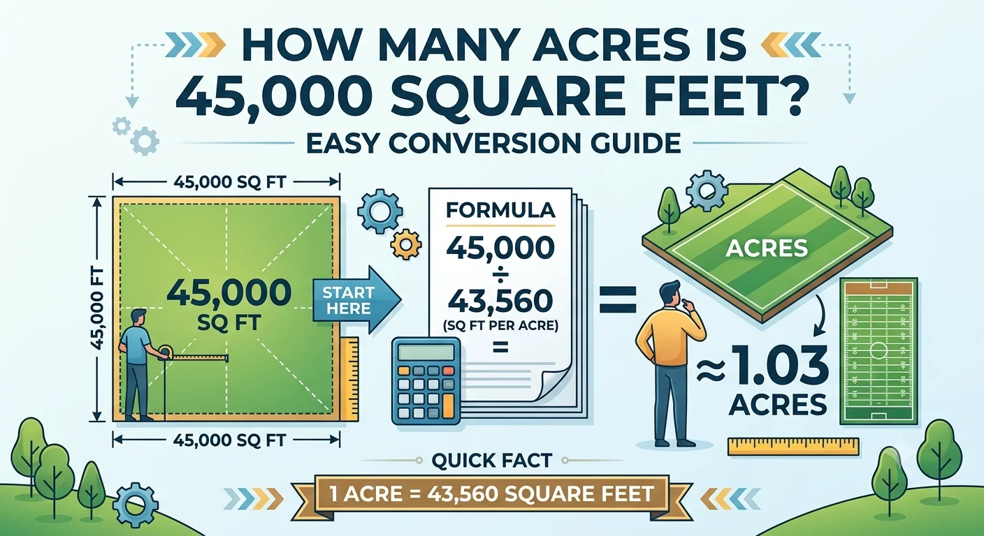 Infographic is showing that How Many Acres Is 45000 Square Feet? Easy Conversion Guide