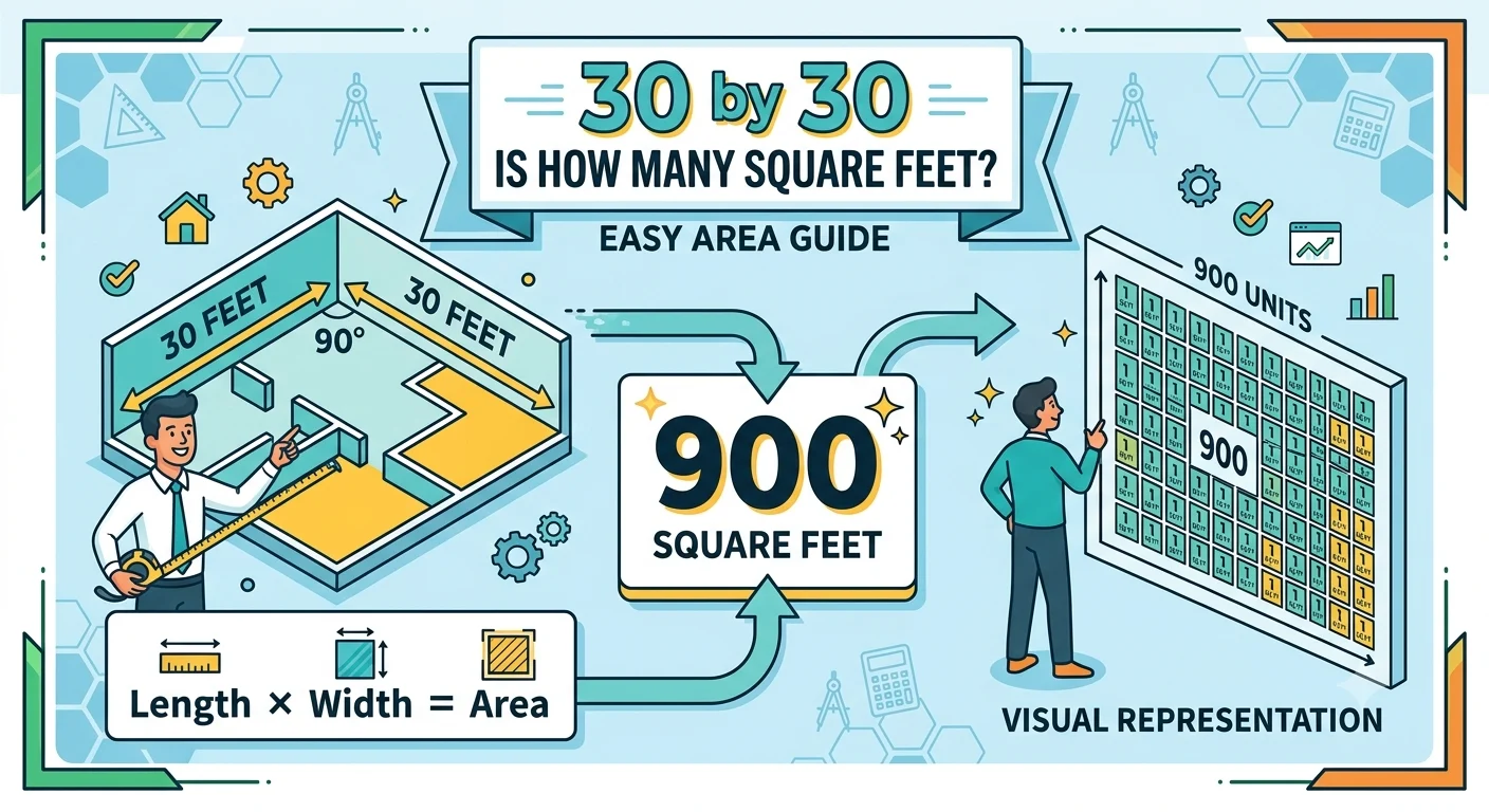 Infographic is showing that 30 by 30 Is How Many Square Feet? Easy Area Guide