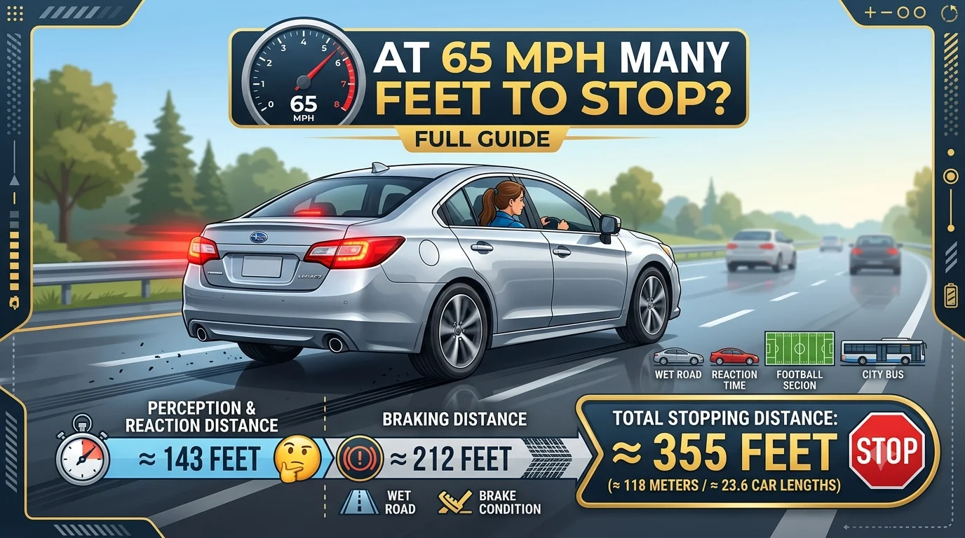Infographic is showing that At 65 mph How Many Feet to Stop? Full Guide