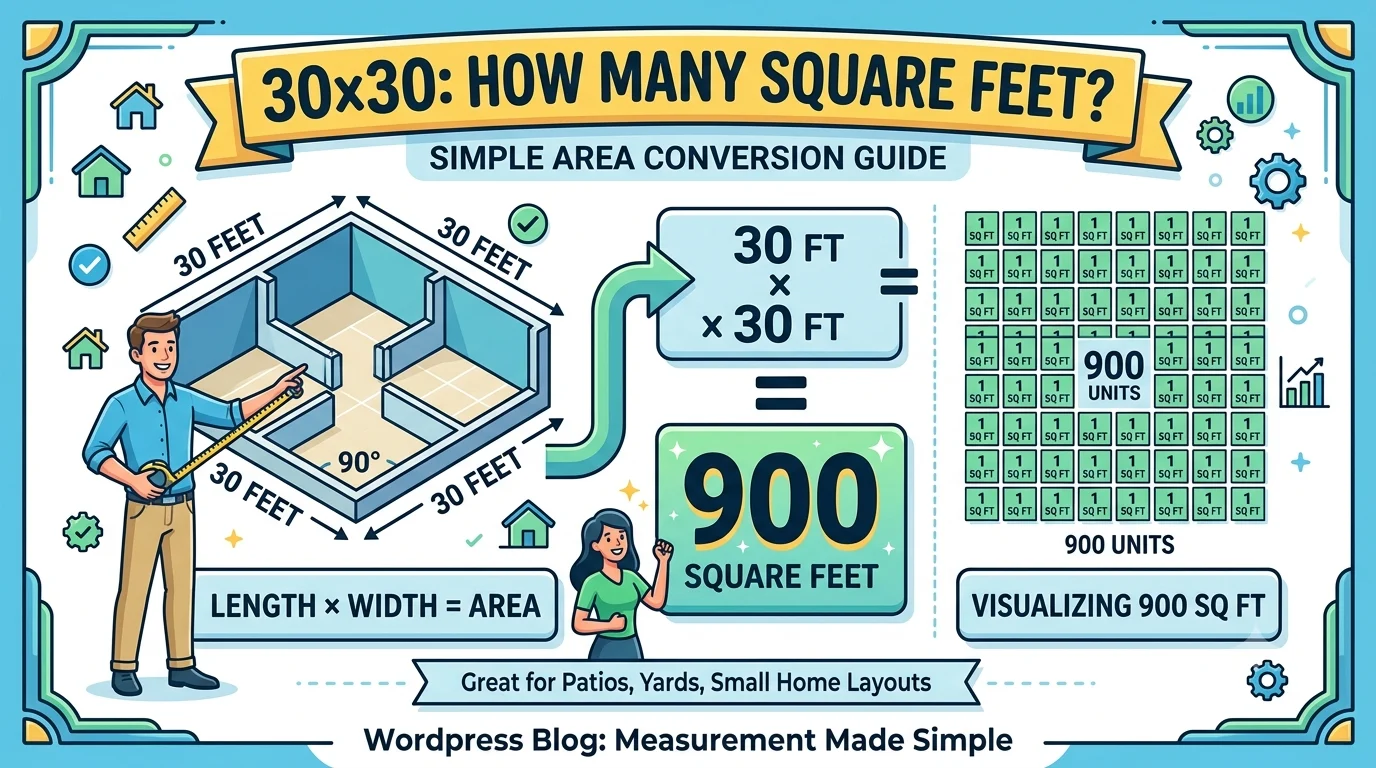 Infographic is showing that 30x30 How Many Square Feet? Easy Size Calculator Guide