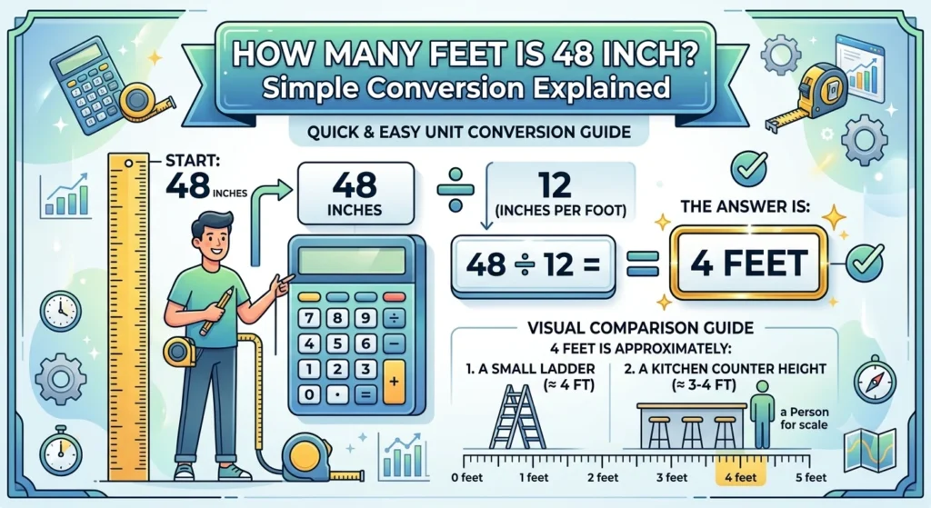 Infographic is showing that How Many Feet Is 48 Inch? Simple Conversion Explained