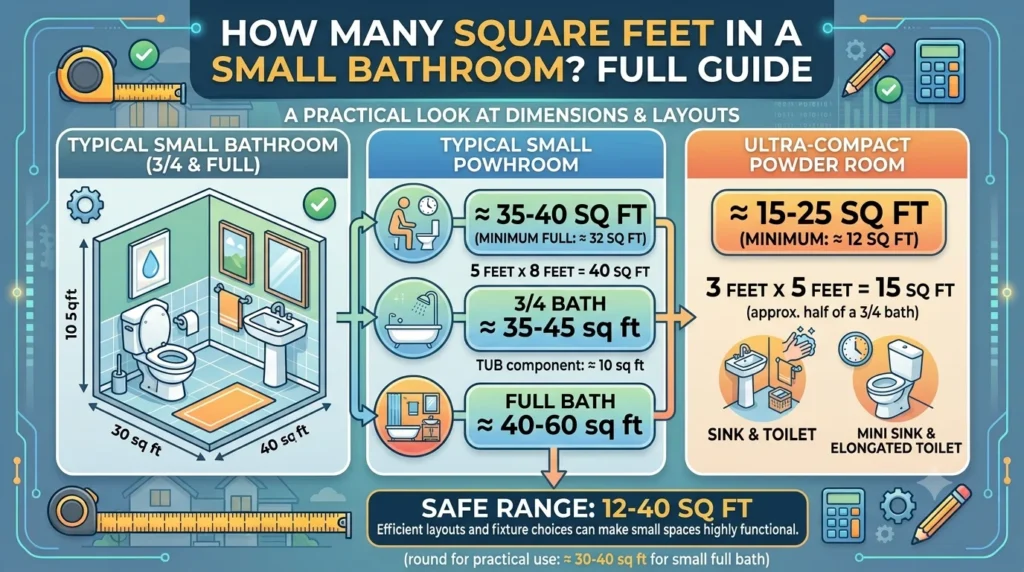 Infographic is showing that How Many Square Feet in a Small Bathroom? Full Guide