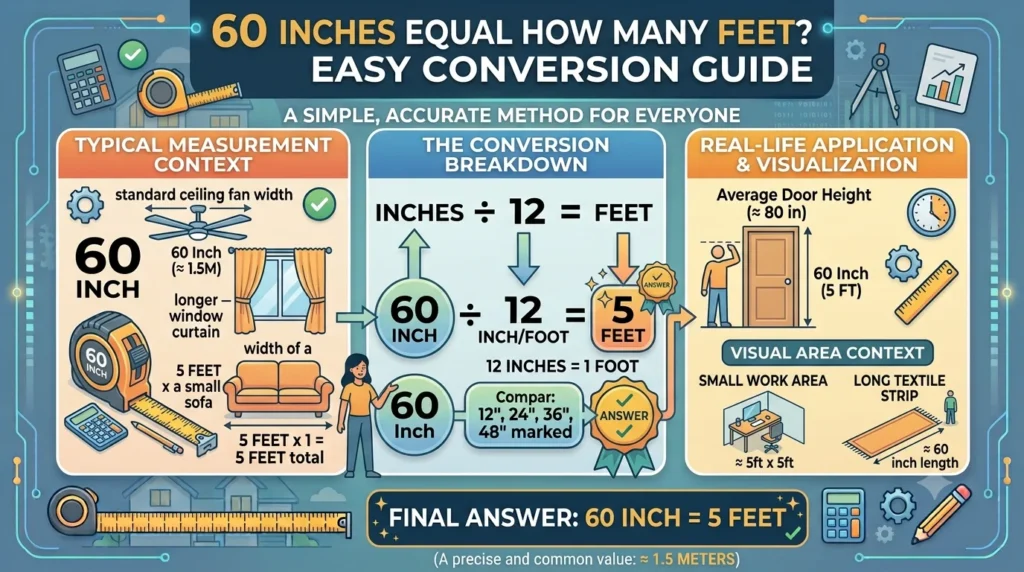 Infographic is showing that v60 Inches Equal How Many Feet? Easy Conversion Guide