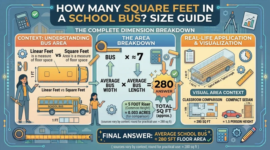 Infographic is showing that How Many Square Feet in a School Bus? Size Guide