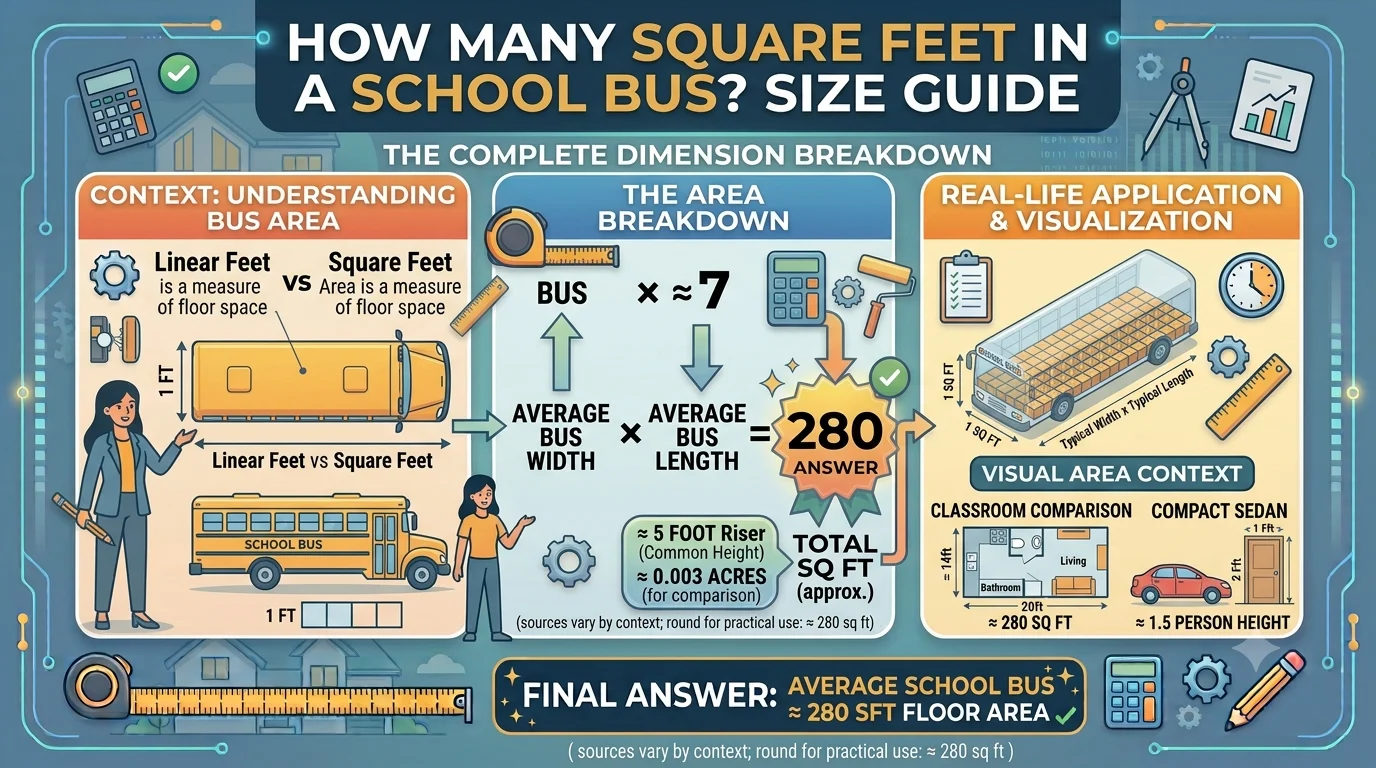 Infographic is showing that How Many Square Feet in a School Bus? Size Guide