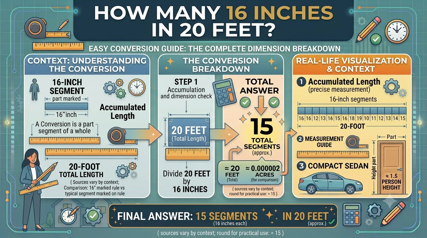 Infographic is showing that How Many 16 Inches in 20 Feet? Easy Conversion Guide
