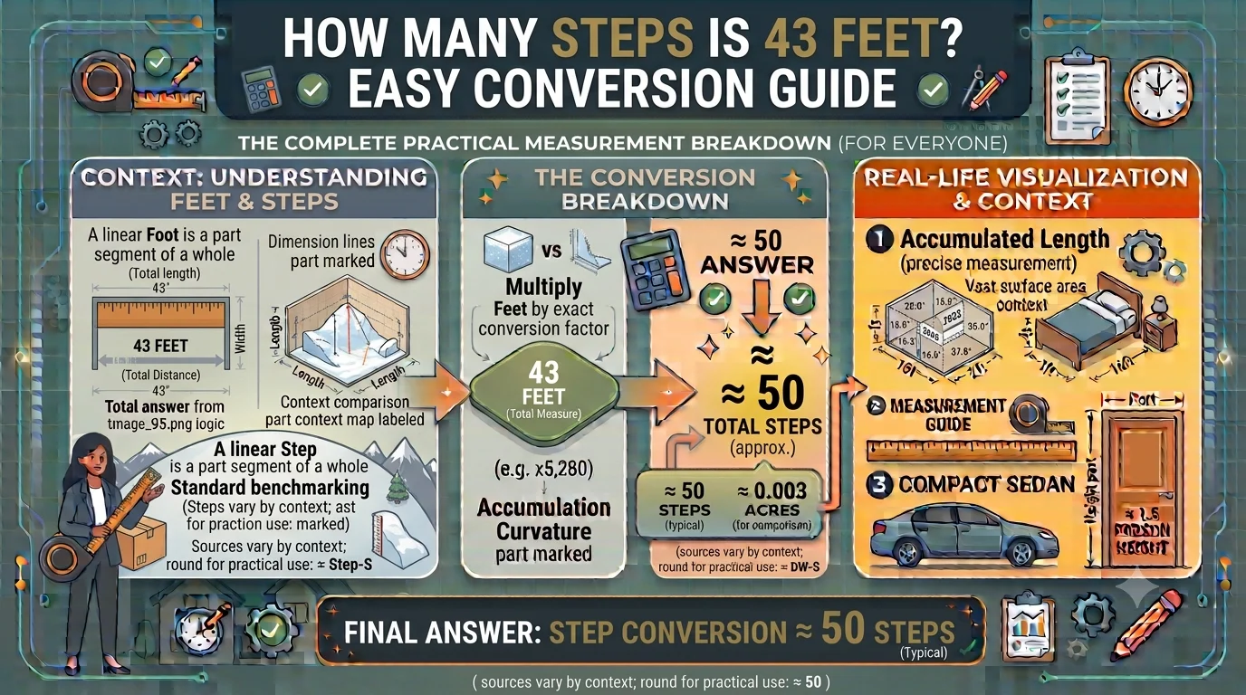 Infographic is showing that How Many Steps Is 43 Feet? Easy Conversion Guide
