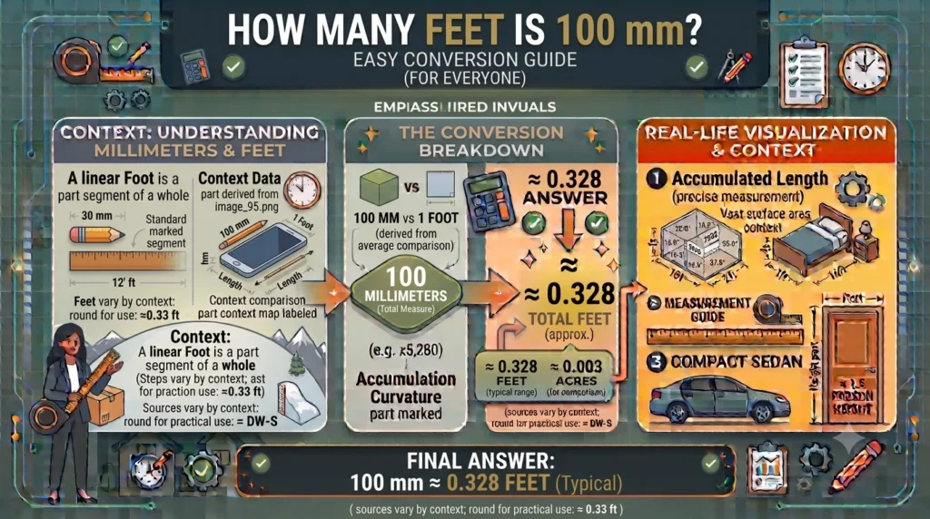 Infographic is showing that How Many Feet Is 100 mm? Easy Conversion Guide