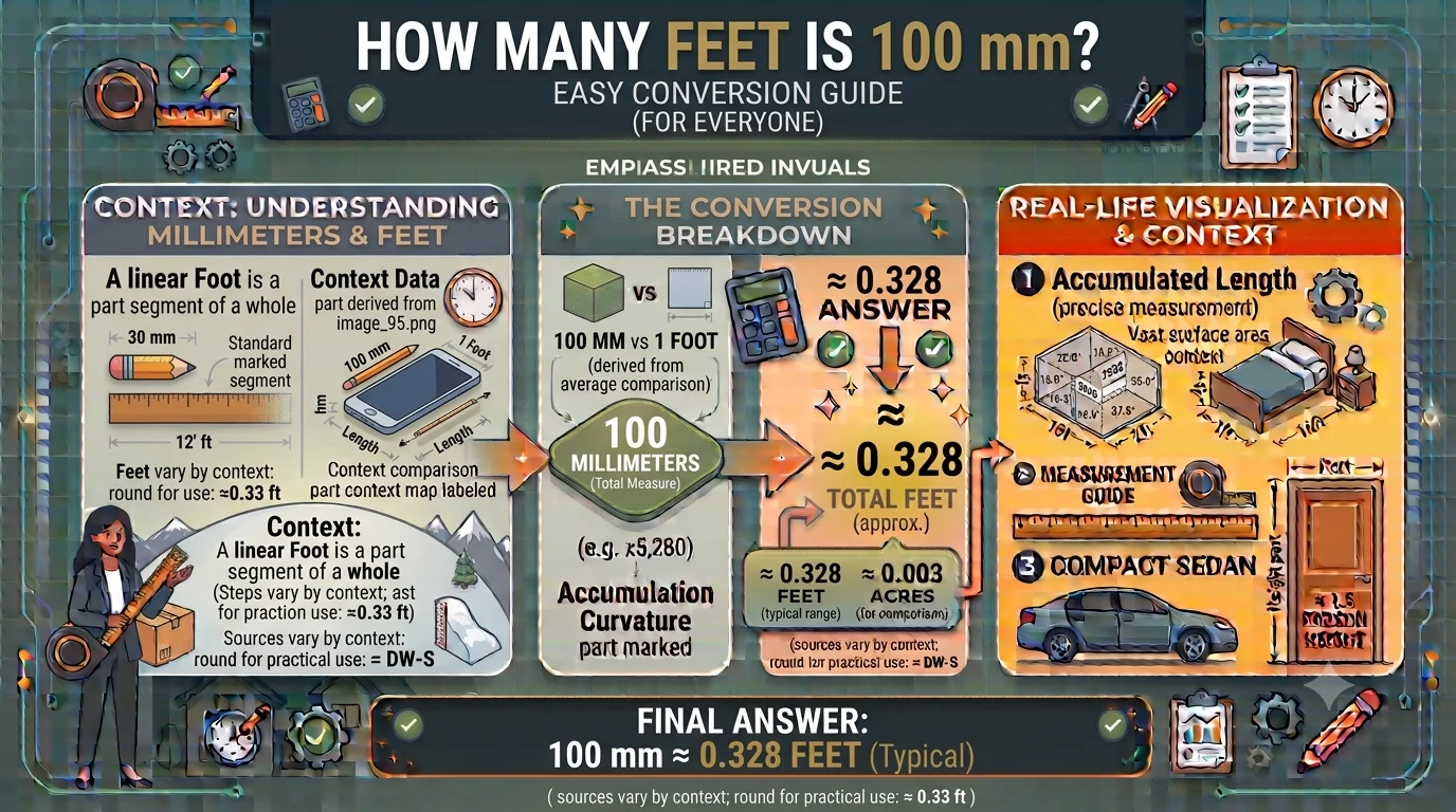 Infographic is showing that How Many Feet Is 100 mm? Easy Conversion Guide
