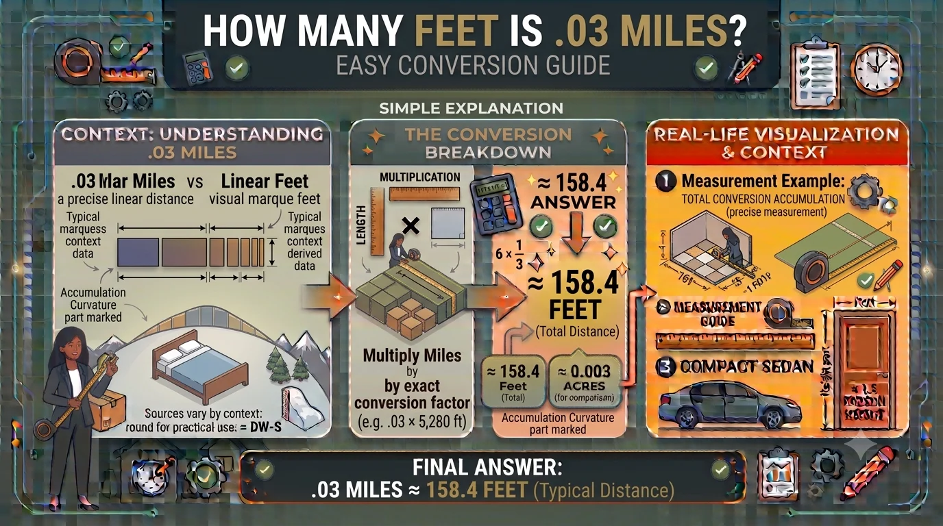 Infographic is showing that How Many Feet Is .03 Miles? Easy Conversion Guide
