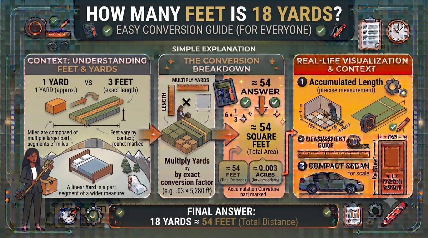 Infographic is showing that How Many Feet Is 18 Yards? Easy Conversion Guide