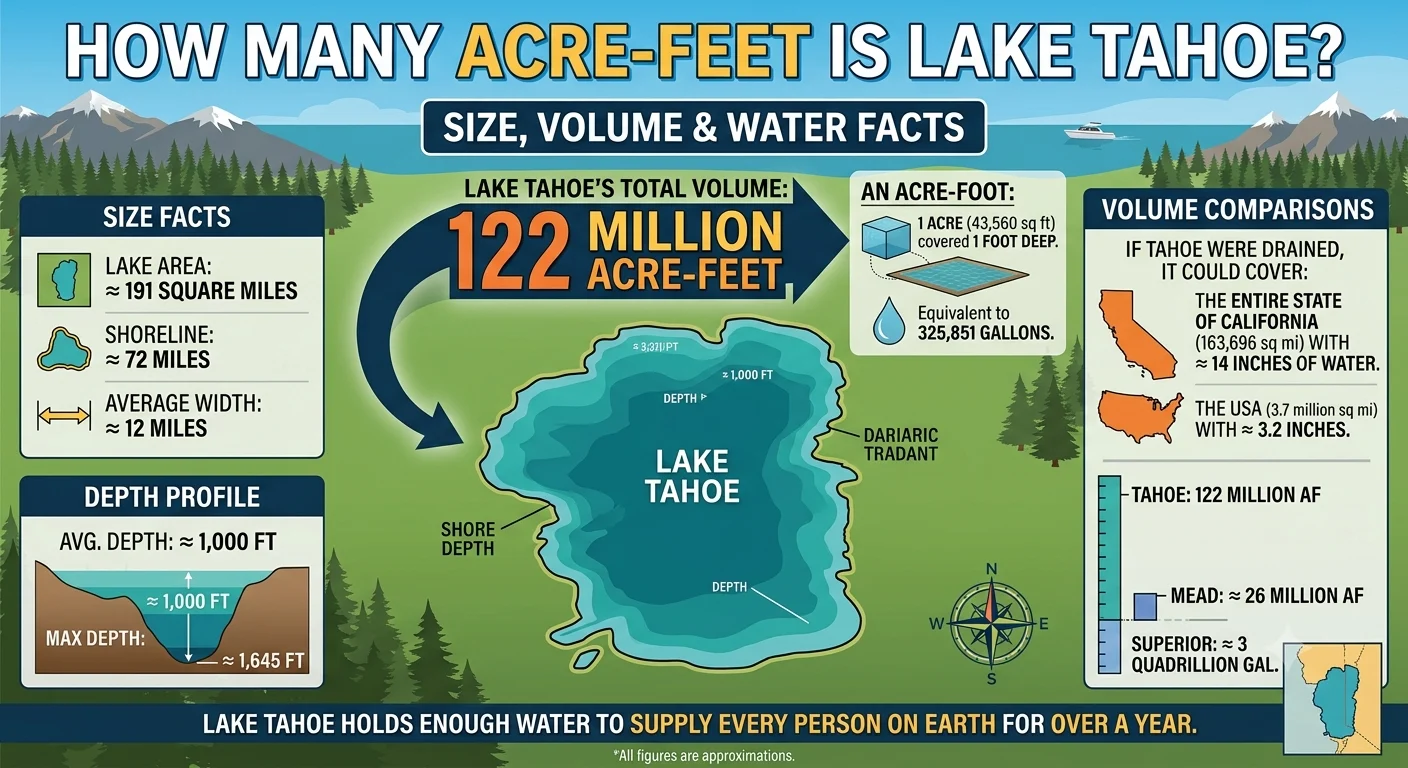 Infographic is showing that How Many Acre Feet Is Lake Tahoe? Size, Volume & Water Facts