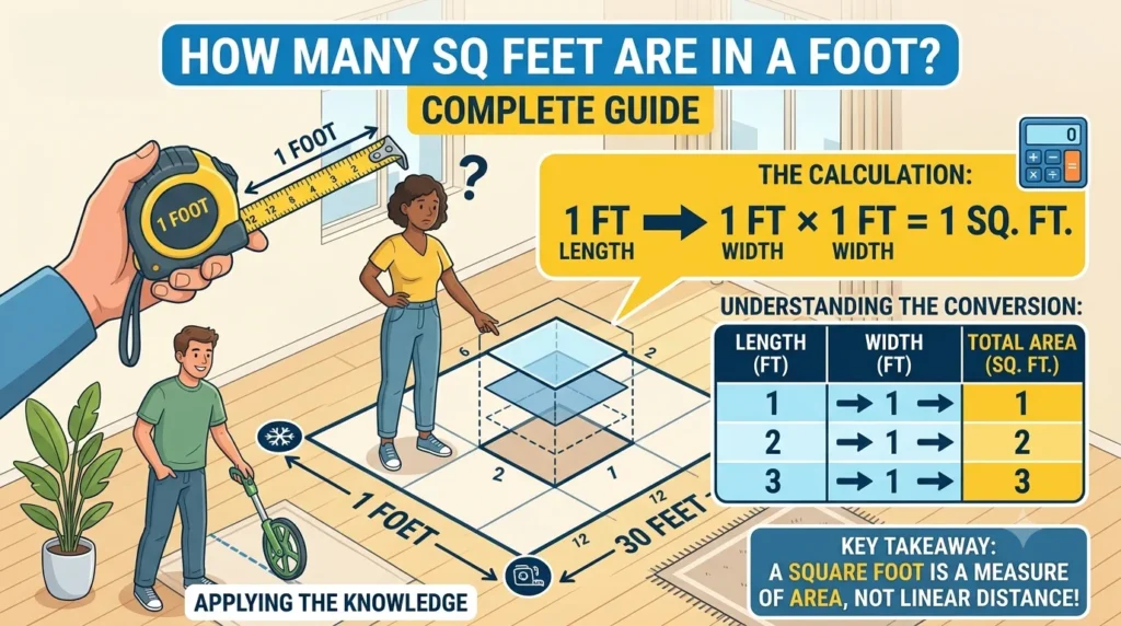 Infographic is showing that How Many Sq Feet Are in a Foot? Complete Guide