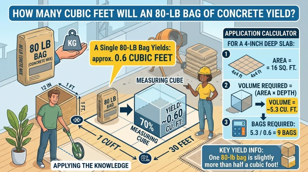 Infographic is showing that How Many Cubic Feet Will an 80 lb Bag of Concrete Make?