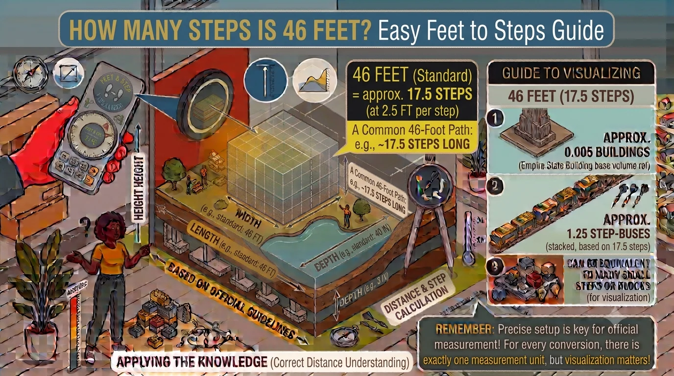 Infographic is showing that How Many Steps Is 46 Feet? Easy Feet to Steps Guide