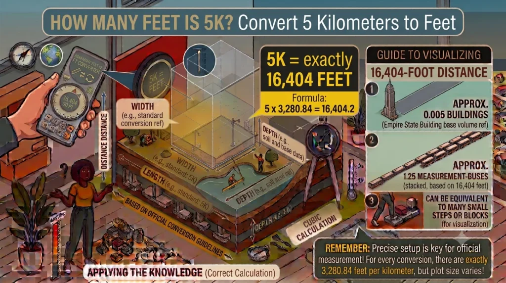 Infographic is showing that How Many Feet Is 5K? Convert 5 Kilometers to Feet
