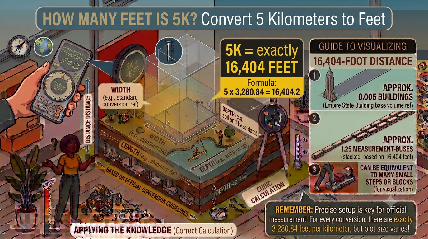 Infographic is showing that How Many Feet Is 5K? Convert 5 Kilometers to Feet