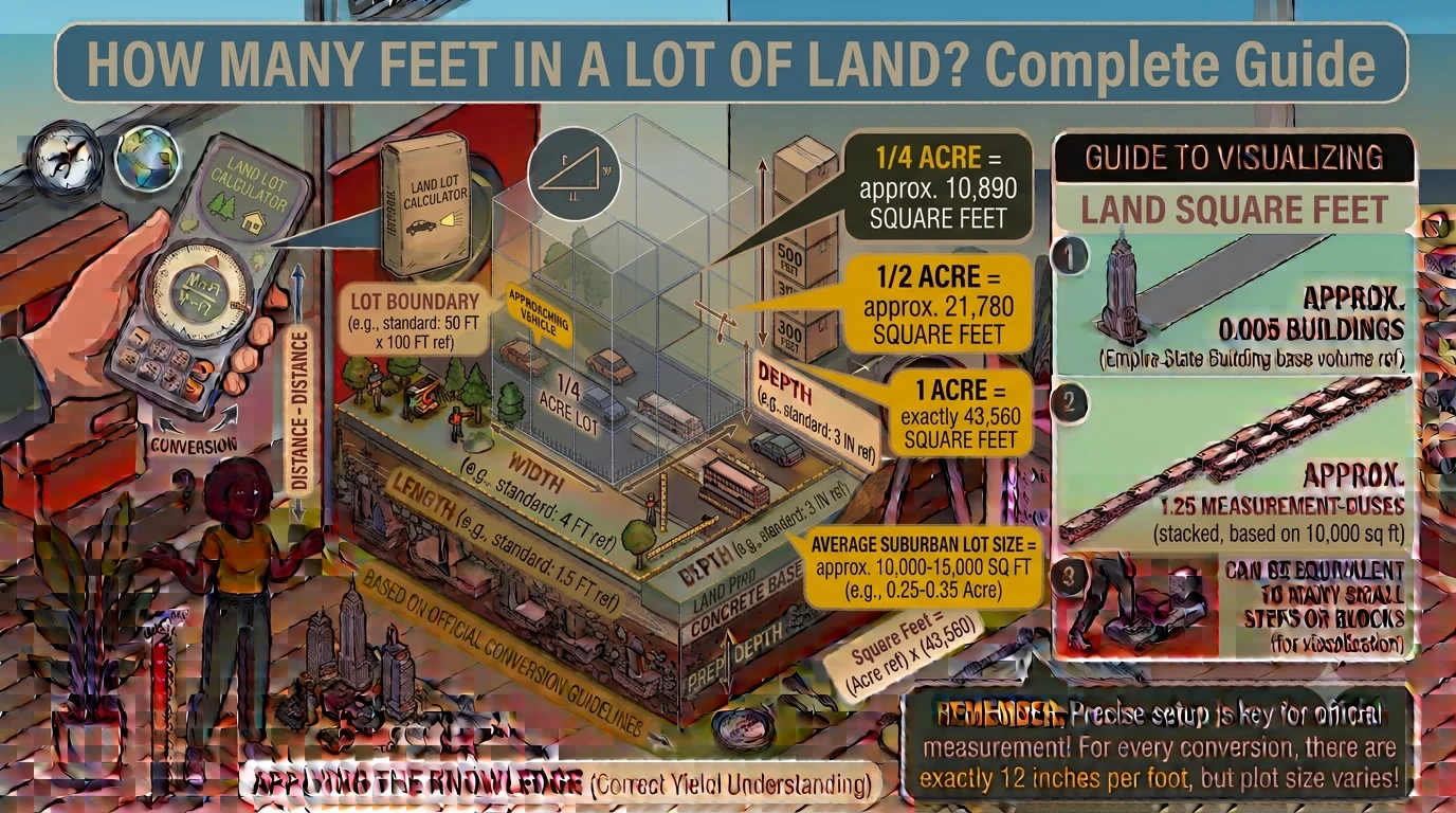Infographic is showing that How Many Feet in a Lot of Land? Complete Guide