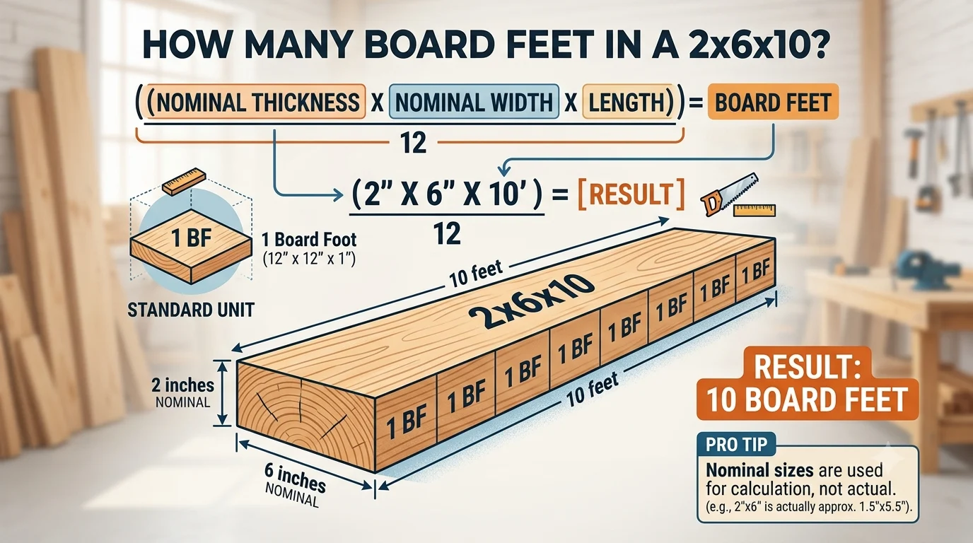 Infographic is showing that How Many Board Feet in a 2x6x10? Calculation Guide