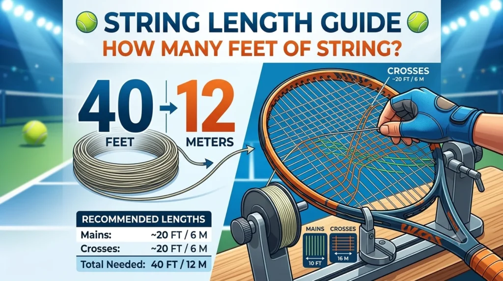 Infographic is showing that How Many Feet of String for Tennis Racquet? String Length Guide