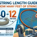 Infographic is showing that How Many Feet of String for Tennis Racquet? String Length Guide