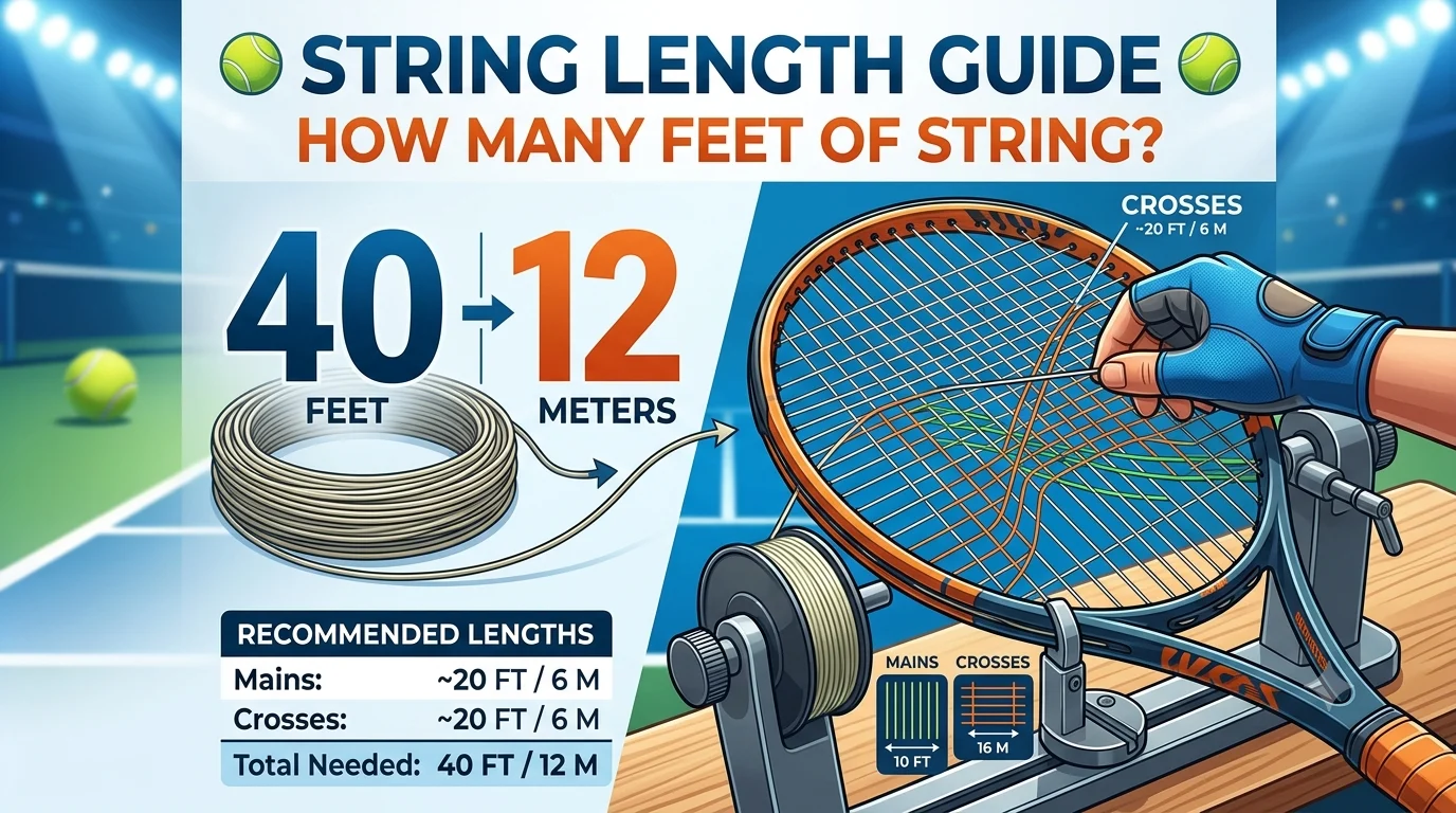 Infographic is showing that How Many Feet of String for Tennis Racquet? String Length Guide