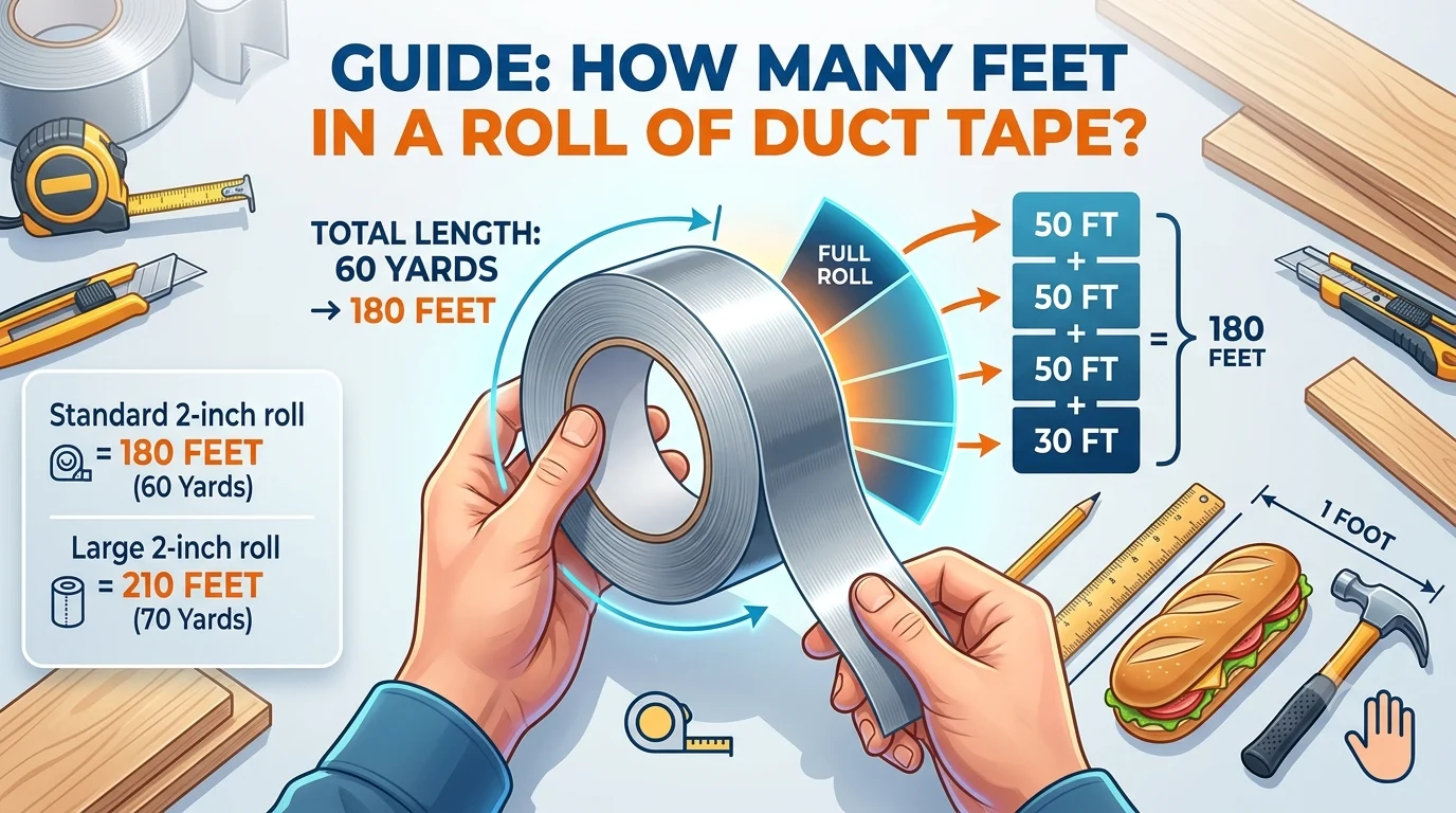 Infographic is showing that How Many Feet in a Roll of Duct Tape? Size Guide