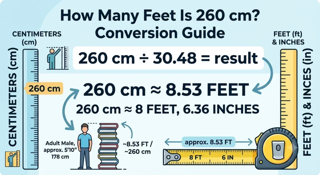 Infographic is showing that How Many Feet Is 260 cm? Conversion Guide