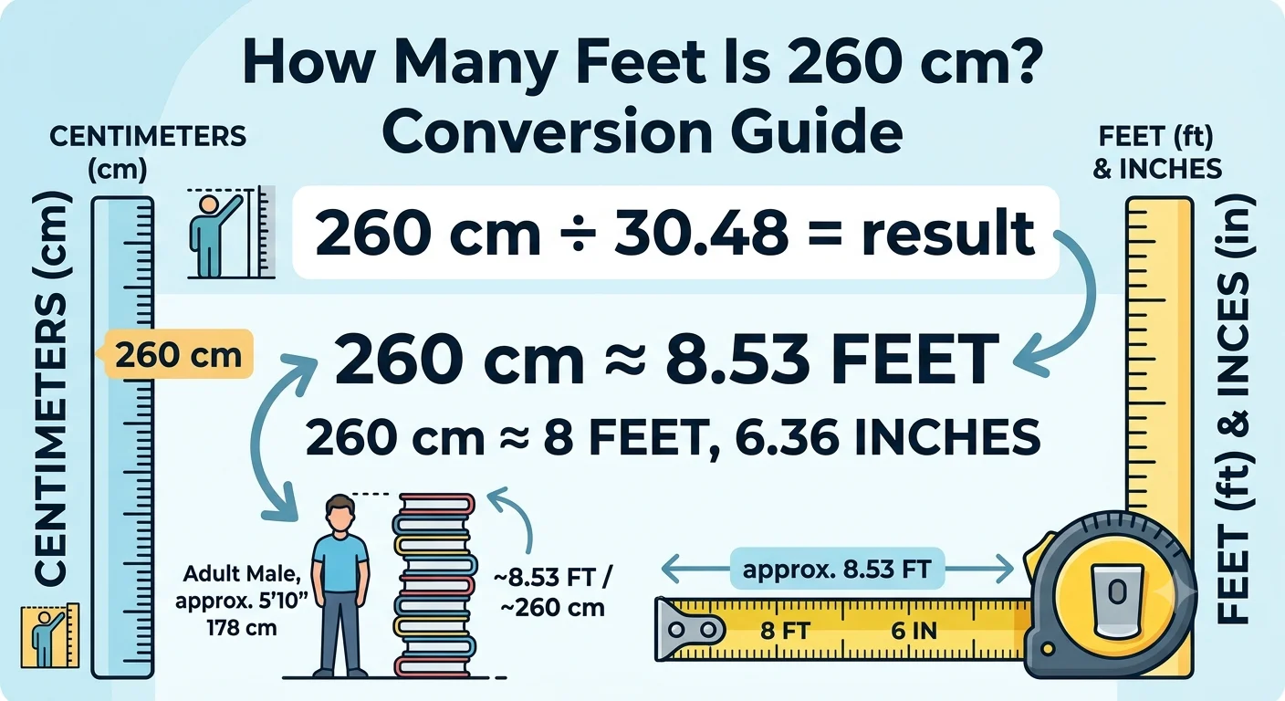 Infographic is showing that How Many Feet Is 260 cm? Conversion Guide