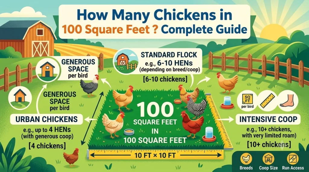 Infographic is showing that How Many Chickens in 100 Square Feet? Complete Guide