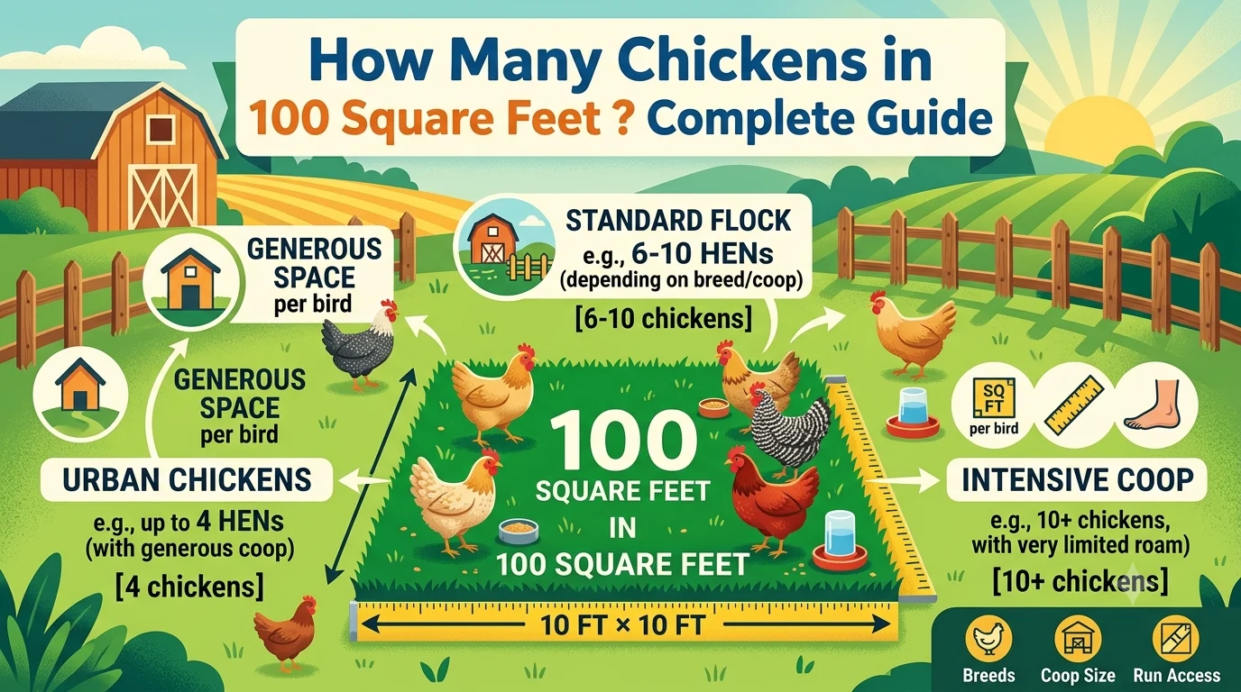 Infographic is showing that How Many Chickens in 100 Square Feet? Complete Guide