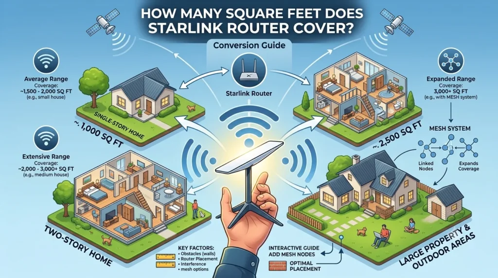 Infographic is showing that How Many Square Feet Does Starlink Router Cover?