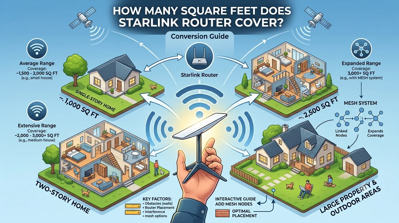Infographic is showing that How Many Square Feet Does Starlink Router Cover?