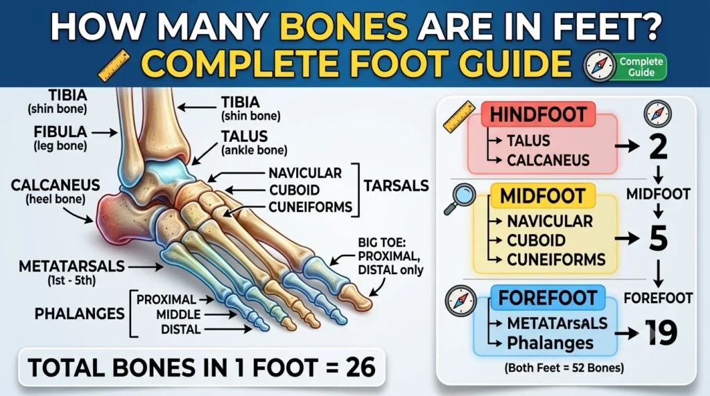 Infographic is showing that How Many Bones Are in Feet? Complete Foot Guide