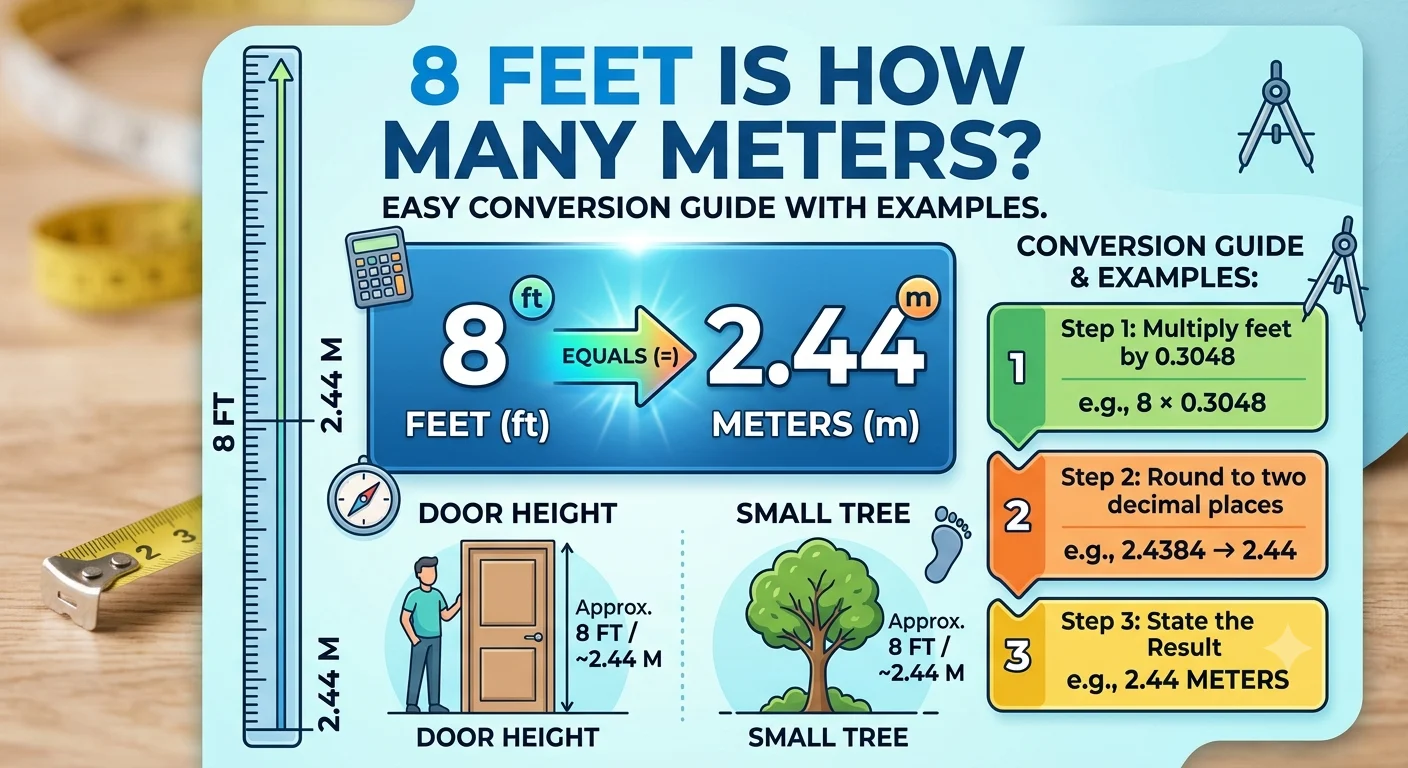 Infographic is showing that 8 Feet Is How Many Meters? Easy Conversion Guide With Examples