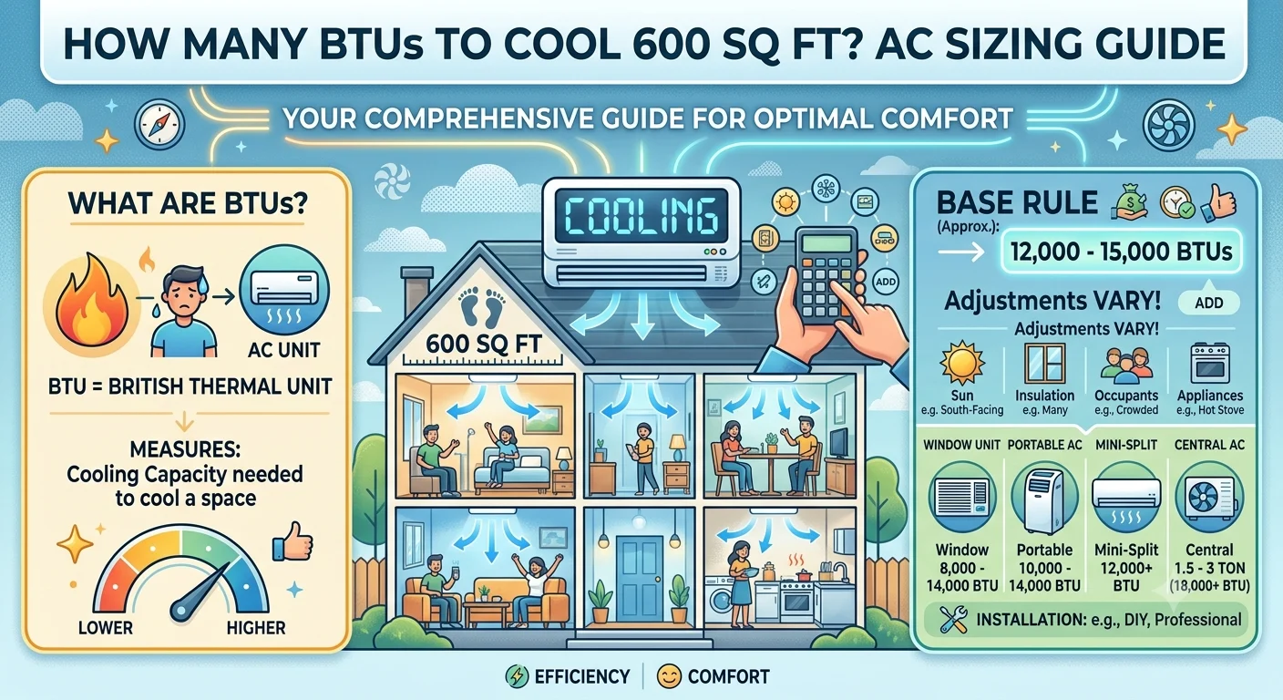 Infographic is showing that How Many BTUs to Cool 600 Square Feet? AC Sizing Guide