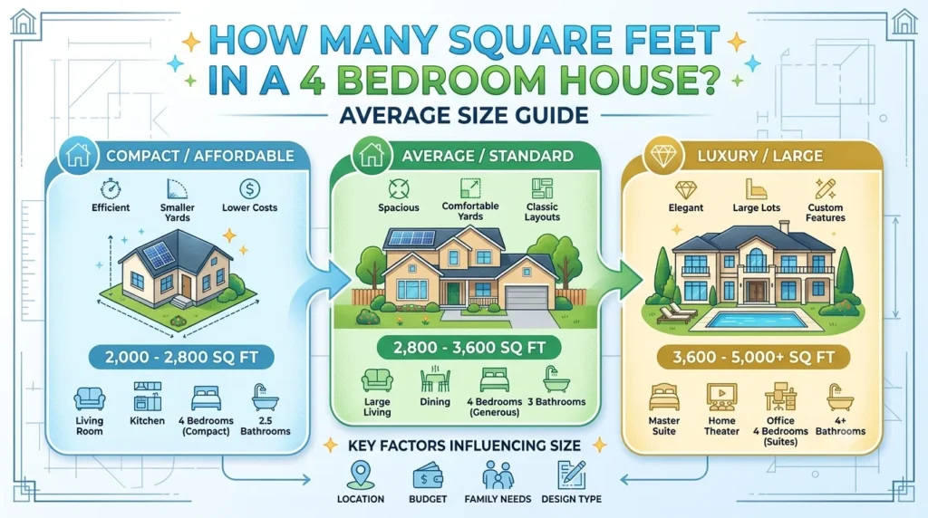 Infographic is showing that How Many Square Feet in a 4 Bedroom House? Average Size Guide