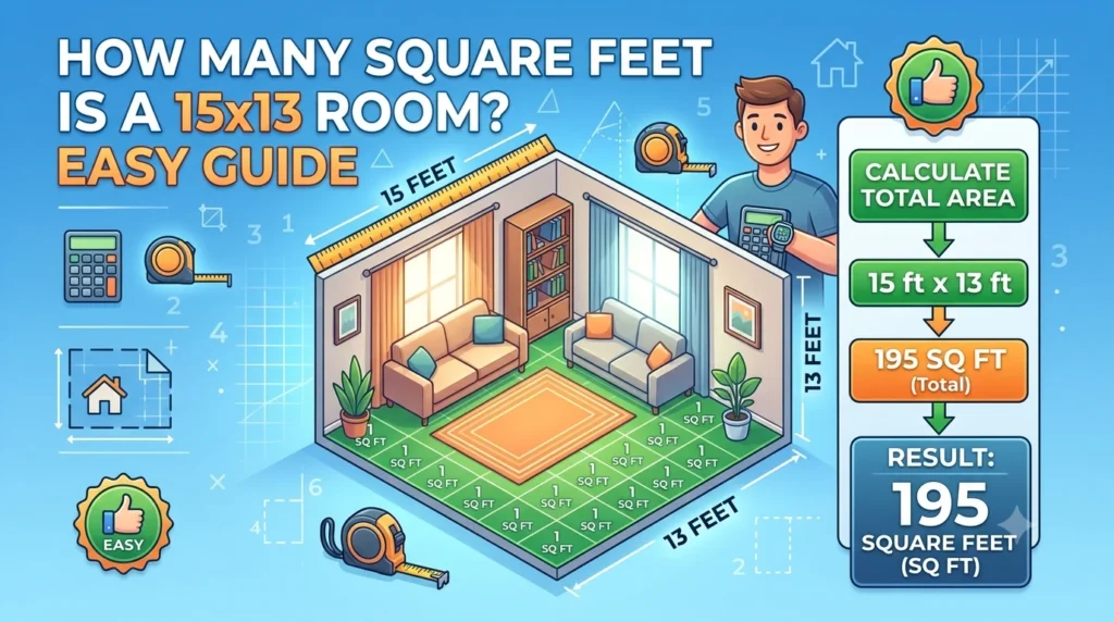 Infographic is showing that How Many Square Feet Is a 15x13 Room? Easy Guide