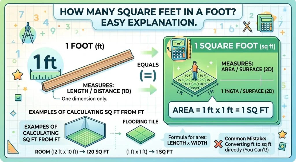 Infographic is showing that How Many Square Feet in a Foot? Easy Explanation